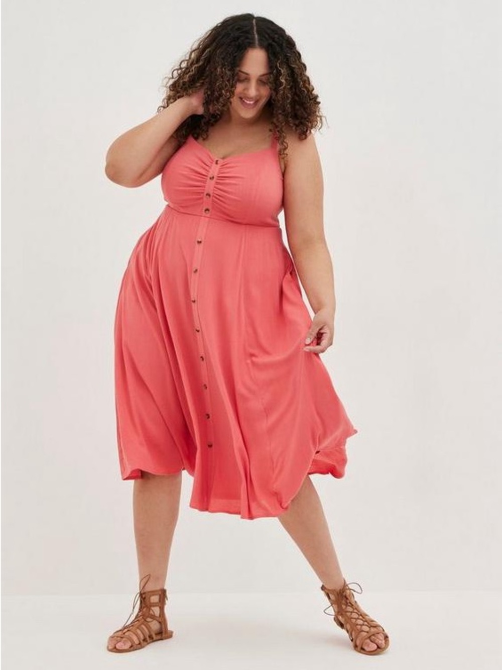 Torrid Coral Button-Front Ruched Midi Dress